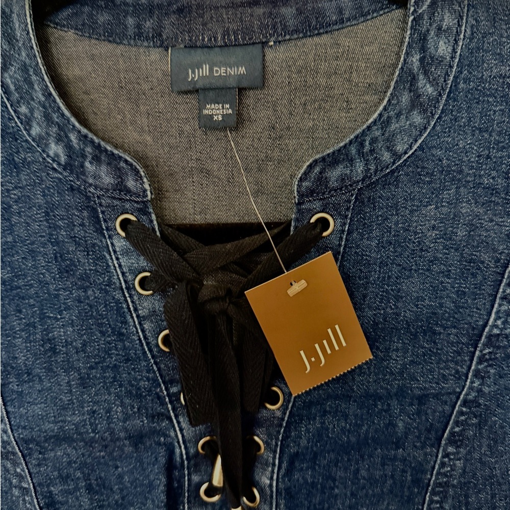 J. Jill Denim, Dark Wash, 3/4 Sleeve, Lace Up Front, Demin Dress, - Picture 5 of 8